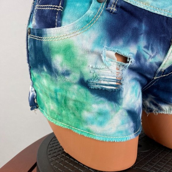 Hippie Laundry Juniors 7 Blue Green White Tie Dye Distressed Fringe Hem Shorts - Picture 3 of 12